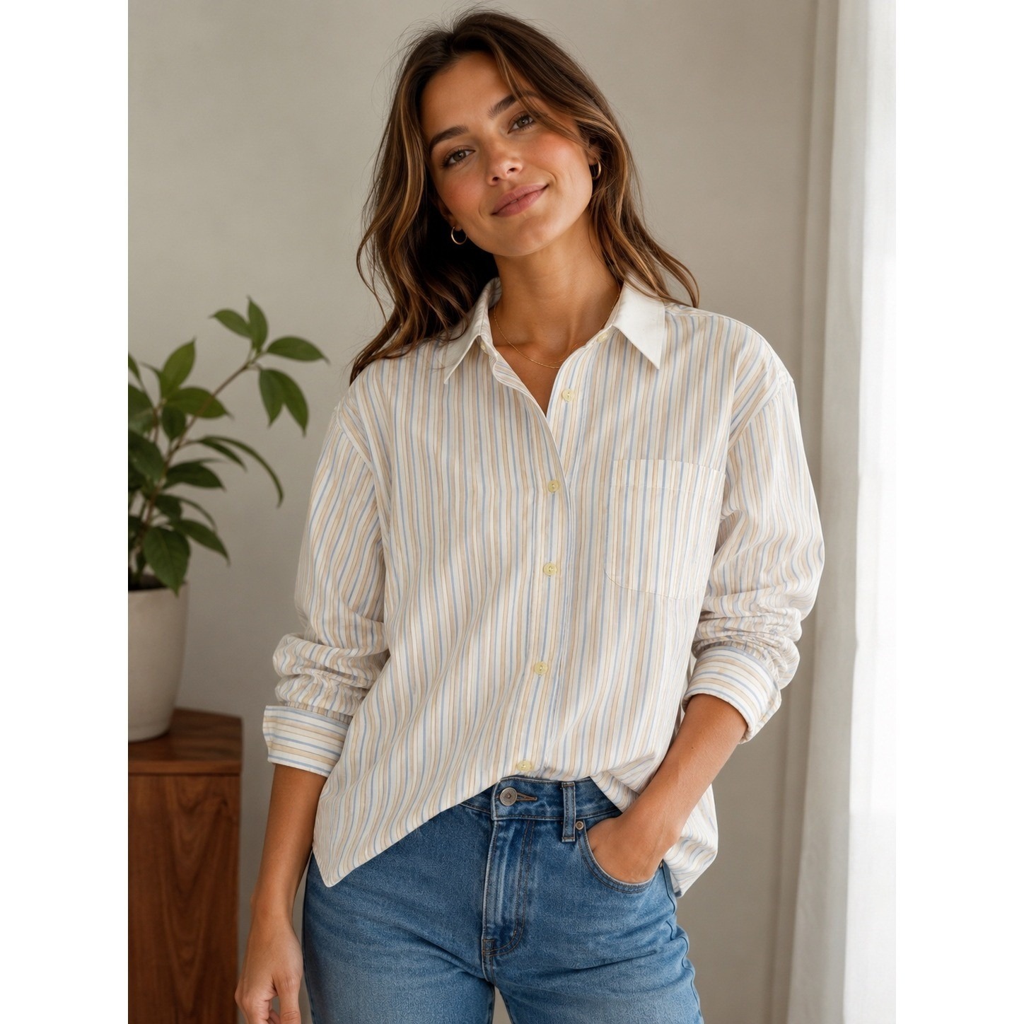 Vintage Yves Saint Laurent Chemises Striped Button Down Shirt White Blue Tan .